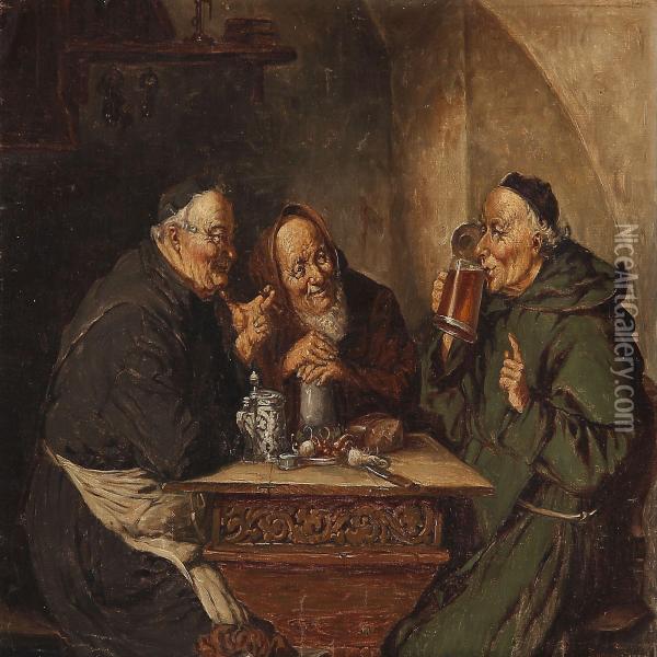 Inn With Drinking Monks Oil Painting - Olaf Simony Jensen