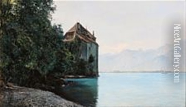 Chillon Castle By Lake Geneva, Switzerland Oil Painting - Janus la Cour