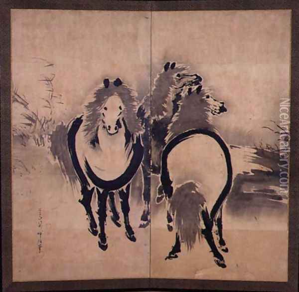 Horses, Japanese, Edo period, c.18th century Oil Painting - Soga Shohaku