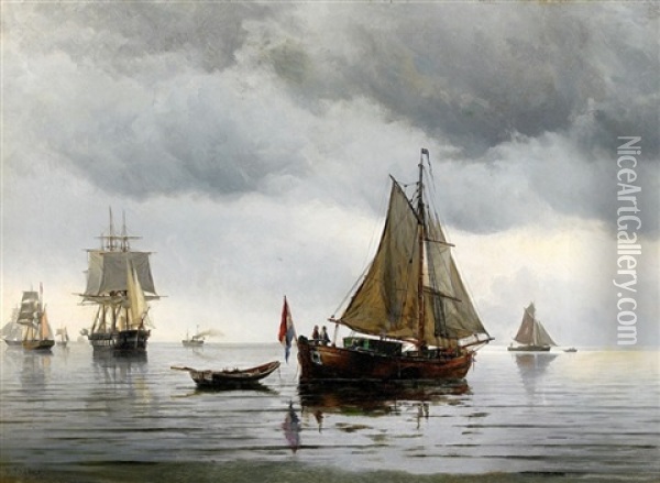 Fransk Kust Med Segelfartyg Och Fiskebat Oil Painting - Holger Luebbers
