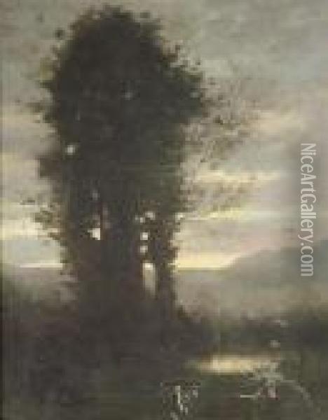 Landscape At Sunset Light. Oil/canvas/canvas. Traces Due To The Age, Rest Oil Painting - Jean-Baptiste-Camille Corot