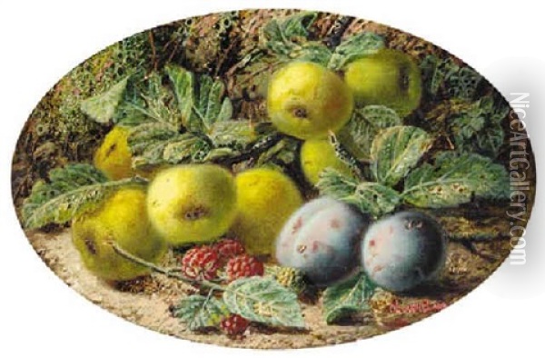Apples, Plums And Raspberries On A Mossy Bank Oil Painting - Oliver Clare