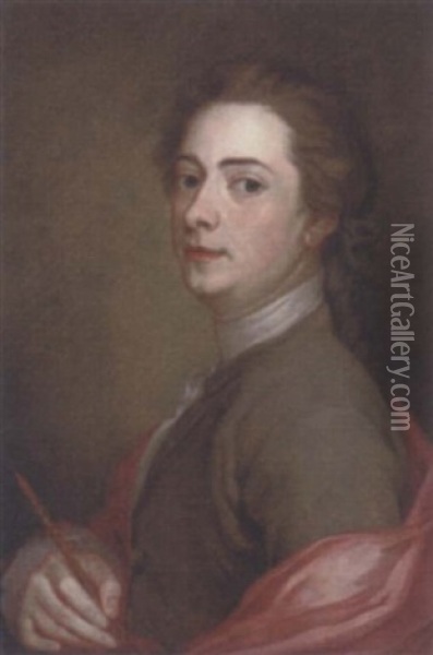 Portrait Of James Macardell In A Brown Jacket And Red Cloak, Holding A Porte-crayon In His Right Hand Oil Painting - Marcellus Laroon the Younger