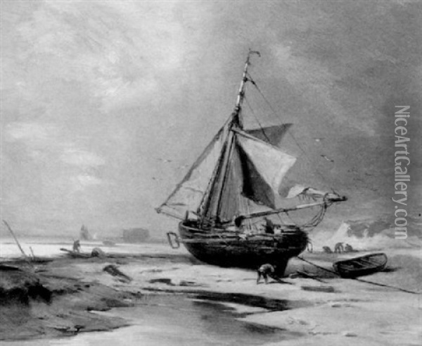 Fischerboot Am Strand Oil Painting - Johannes Hermanus Barend Koekkoek