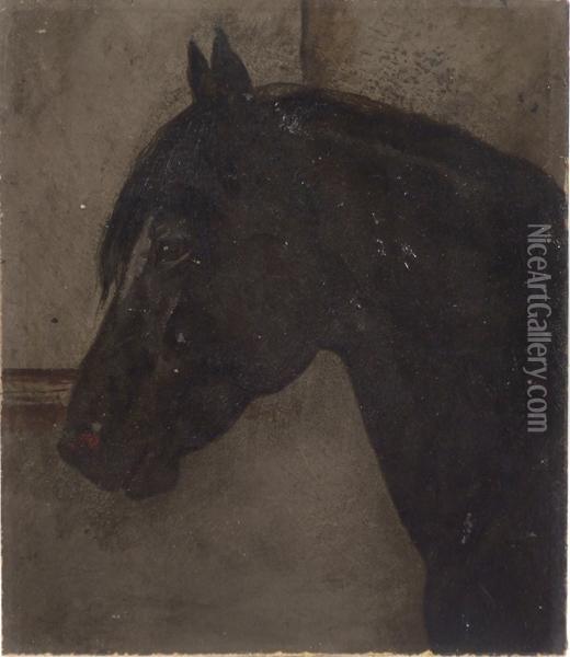 Black Horse In Stable Oil Painting - Clarence M. Johns