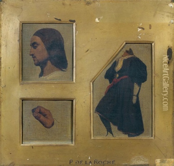 Une Tete De Profil (after Raphael), Un Corps (after Raphael) Et Une Main De Profil (after Giorgione) (3 Works) Oil Painting - Paul Delaroche