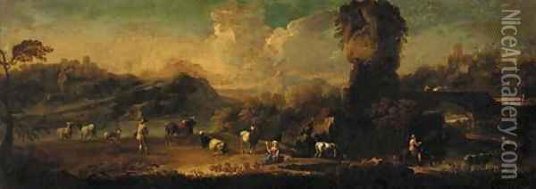 A extensive mountain landscape with a drover and cattle with other figures at a river, towns beyond Oil Painting - Philipp Peter Roos