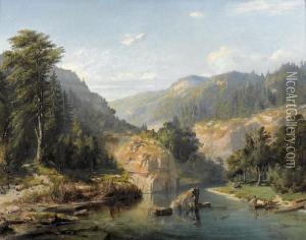 Flusslandschaft Im Gebirge Mit Fischerbooten. Oil Painting - Abraham Louis Buvelot