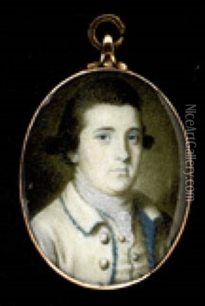 A Gentleman In A Blue Bordered White Coat Oil Painting - Samuel Collins