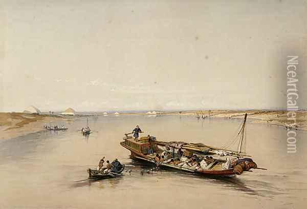 View on the Nile looking towards the Pyramids of Dahshur and Saqqarah, from Egypt and Nubia, Vol.1 Oil Painting - David Roberts