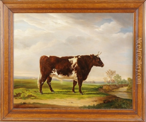 General James Wadsworth, Genesee Valley, Prized Steer In Genesee River Landscape Oil Painting - Henri Delattre