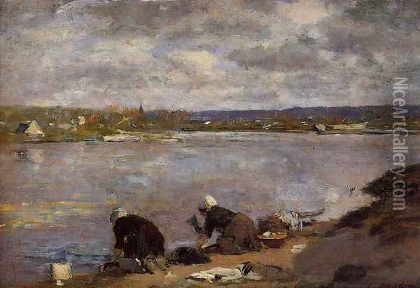 Laundresses on the Banks of the Touques2 1880-1885 Oil Painting - Eugene Boudin
