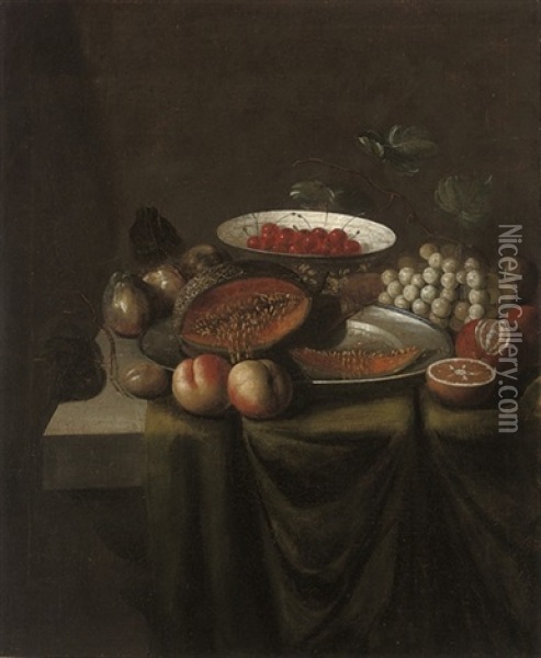 A Bowl Of Cherries, A Melon On A Pewter Platter Oil Painting - Jan Jansz. Treck