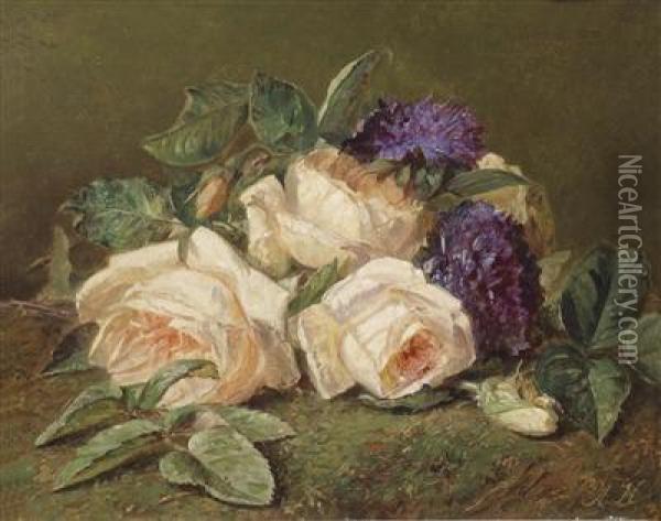 Roses And Violets Oil Painting - Adriana-Johanna Haanen