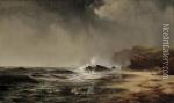 Waves Crashing On A Rocky Shore Oil Painting - Edward Moran