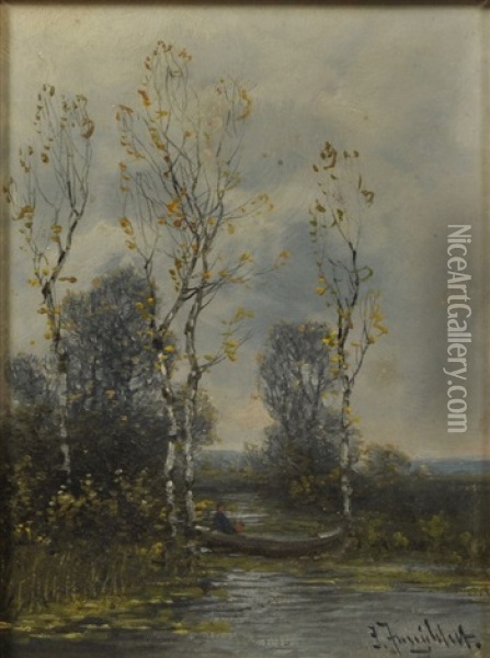2 Gemalde: A) Wintertag Am Altwasser Mit Krahen; B) Herbstliche Landschaft Mit Boot Auf Kanal Oil Painting - Johann Jungblut