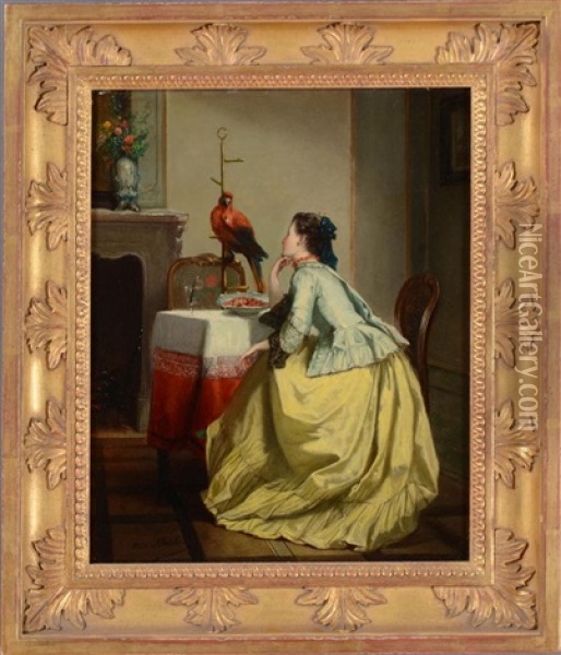 Admiring Her Pet Parrot Oil Painting - Adolphe Stache