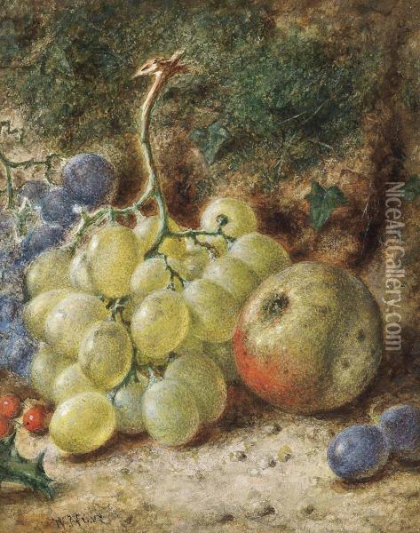 Grapes, An Apple And Holly Berries On A Mossy Bank Oil Painting - William Henry Hunt