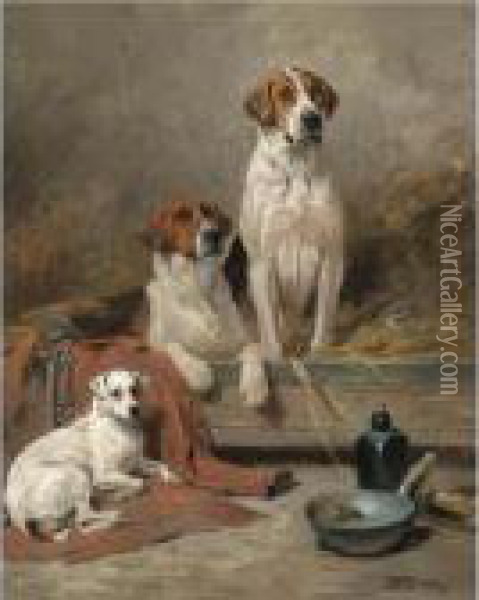 Foxhounds And A Terrier Waiting For The Hunt Oil Painting - John Emms