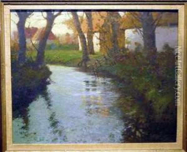 Cottages By The River, Brittany Oil Painting - George Ames Aldrich