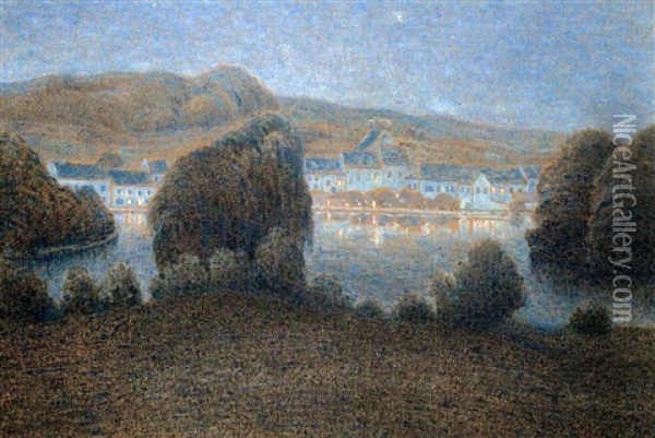 A Village By A River Oil Painting - William Degouve de Nuncques