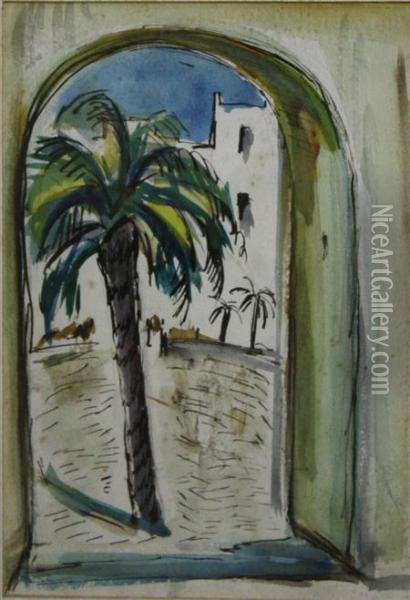 A Palm Tree Framed By A Gateway Oil Painting - William Ashbaugh