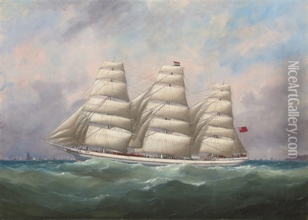 The Three-master Hahnemann In Full Sail Off A Headland Oil Painting - Frederick Calvert