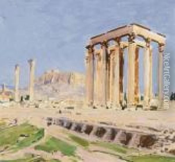 The Temple Of Olympian Zeus In Front Of The Acropolis Oil Painting - Erich Kips