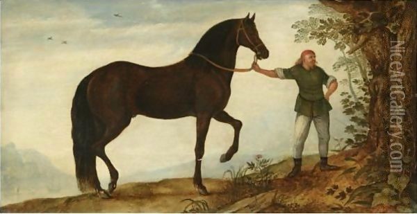 A Black Stallion With A Groom, In A Landscape Oil Painting - Roelandt Jacobsz Savery