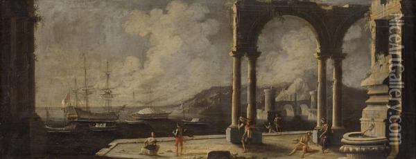 Marina Con Rovine Di Edifici Classici, Una Fontana, Imbarcazioni E Astanti Oil Painting - Leonardo Coccorant