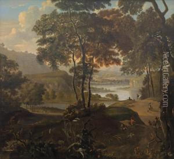 Travellers On A Path In A Wide River Landscape Oil Painting - Jan Wijnants