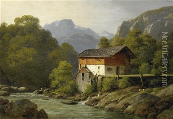 Wassermuhle In Den Alpen Oil Painting - Georg Emil Libert
