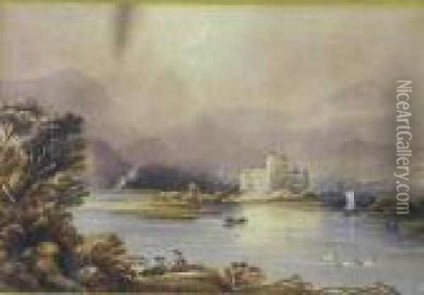 Castle On A Lake Oil Painting - David Cox