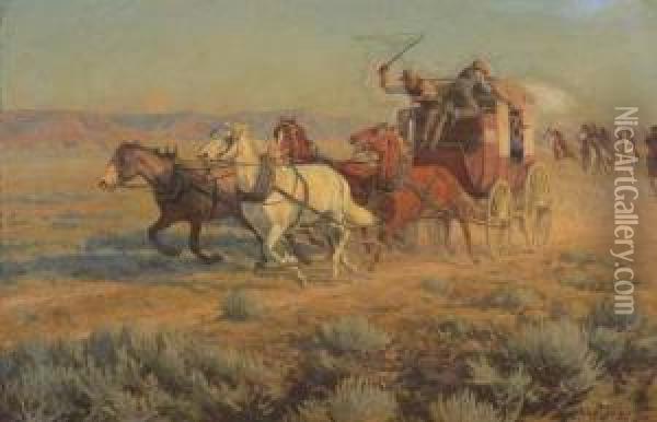 Stagecoach Pursued By Mounted Indians Oil Painting - Richard Lorenz