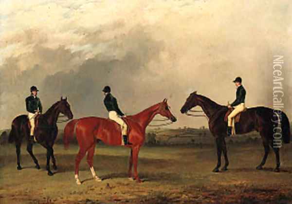 A chestnut and two bay racehorses with jockeys up in an extensive landscape Oil Painting - John Dalby Of York