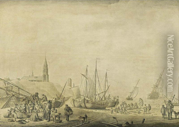The Beach At Scheveningen With Fishermen Unloading Their Vessels And Fishermen Selling The Catch Oil Painting - Cornelis Boumeester