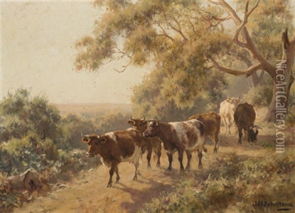 Six Roan Cows On A Bush Track Oil Painting - Jan Hendrik Scheltema