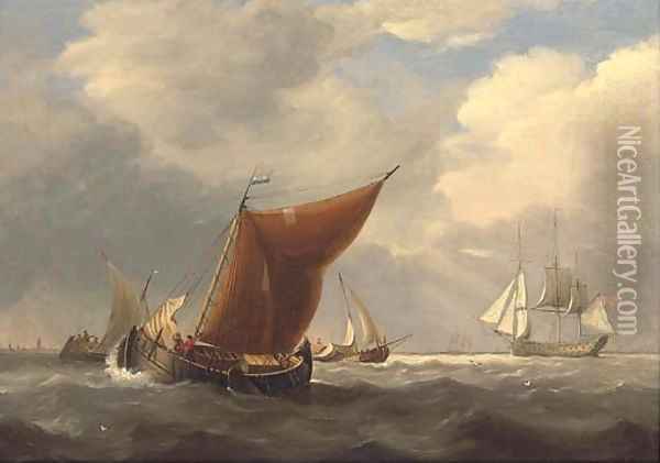 An English flagship heaving-to off the Dutch coast with barges inshore Oil Painting - Charles Martin Powell