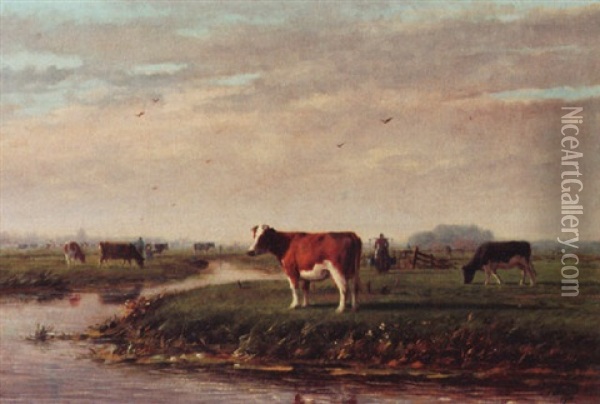 Cows In A Polder Landscape Oil Painting - Jacob Oudes Sr.
