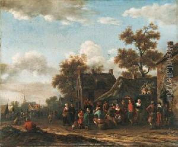Travellers And Peasants By A 
Booth, Houses And A Church Beyond; Andpeasants Merrymaking In A Village 
Street, With A Dovecote, An Innand A Church Beyond Oil Painting - Barent Gael