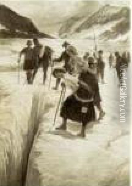 Vacances En Haute-savoie : La Premiere Crevasse, Circa 1919 Oil Painting - Jose Simont