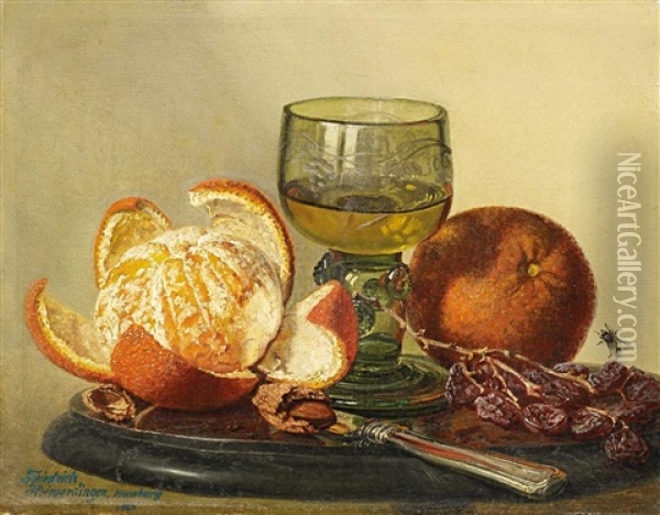 Stillleben - Auf Einem Marmorteller Orange, Rosinen Und Ein Glas Wein Oil Painting - Friedrich Heimerdinger
