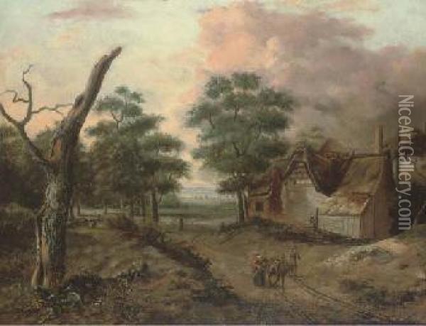 A Wooded Landscape With Travellers On A Track By A Cottage Oil Painting - Jan Wijnants