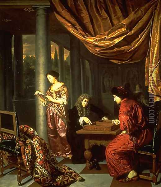 Interior with figures playing Tric Trac Oil Painting - Frans van Mieris