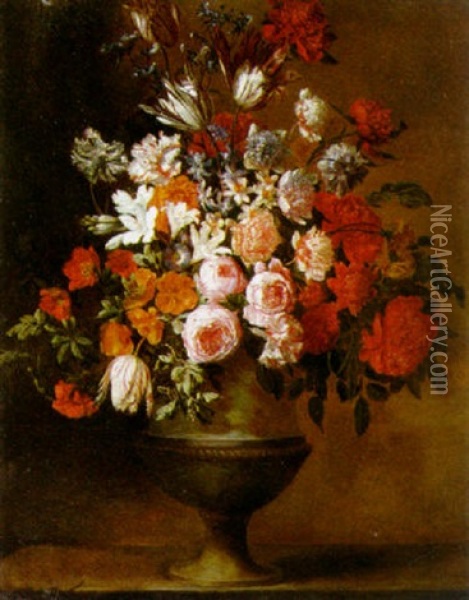A Still Life Of Flowers In A Sculpted Urn On A Stone Ledge Oil Painting - Jan-Baptiste Bosschaert