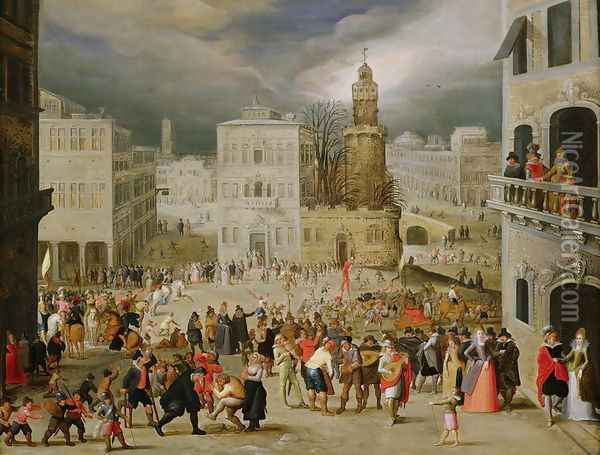 A scene in a town square with numerous figures Oil Painting - Louis de Caulery