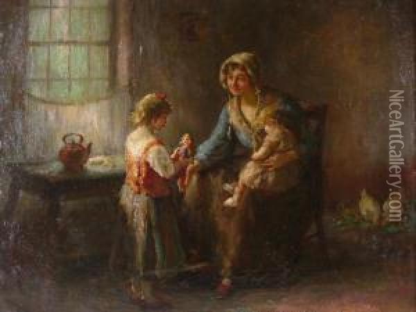 Interior Scene With Mother Andchildren Oil Painting - Charles E. Waltensperger