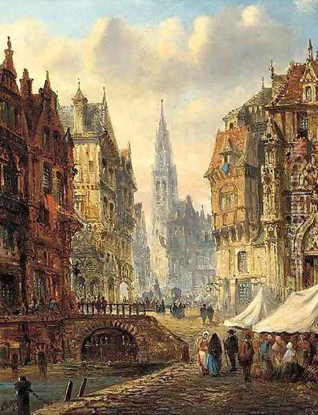 Figures by a canal in a Continental market town Oil Painting - Felice A. Rezia