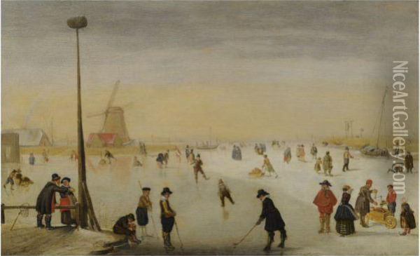A Winter Landscape With Figures Skating And Playing Kolf Oil Painting - Hendrick Avercamp