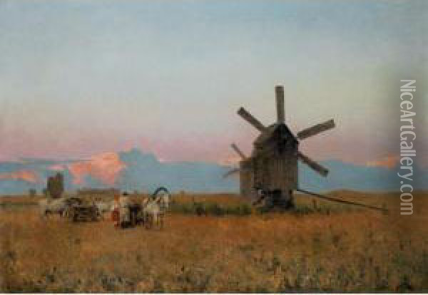 Landscape With Windmill Oil Painting - Sergei Ivanovitch Svetoslavsky